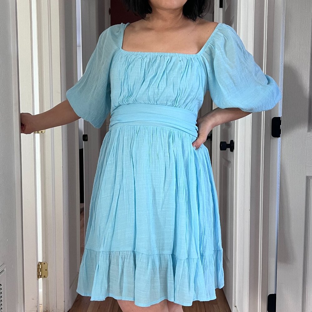 puff sleeve open back mini dress light blue princess costume summer vacation Med - Picture 2 of 15